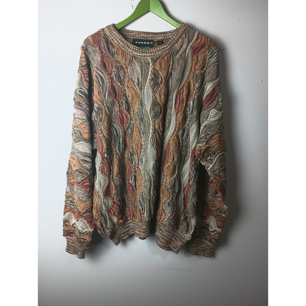 Vintage Tundra Canada 3D Knit Sweater Mens XL Earth Tone Textured Crewneck